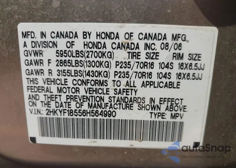 2006 Honda Pilot Ex-L from USA, damaged, VIN 2HKYF18556H564990